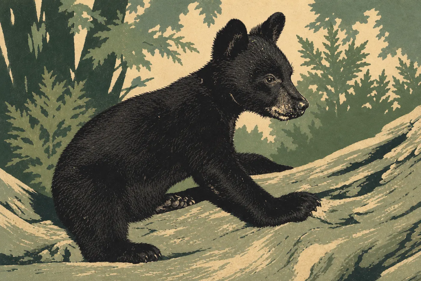 Illustration sérigraphiée : Ours noir avançant parmi les sous-bois de cèdres humides du versant occidental de Glacier.