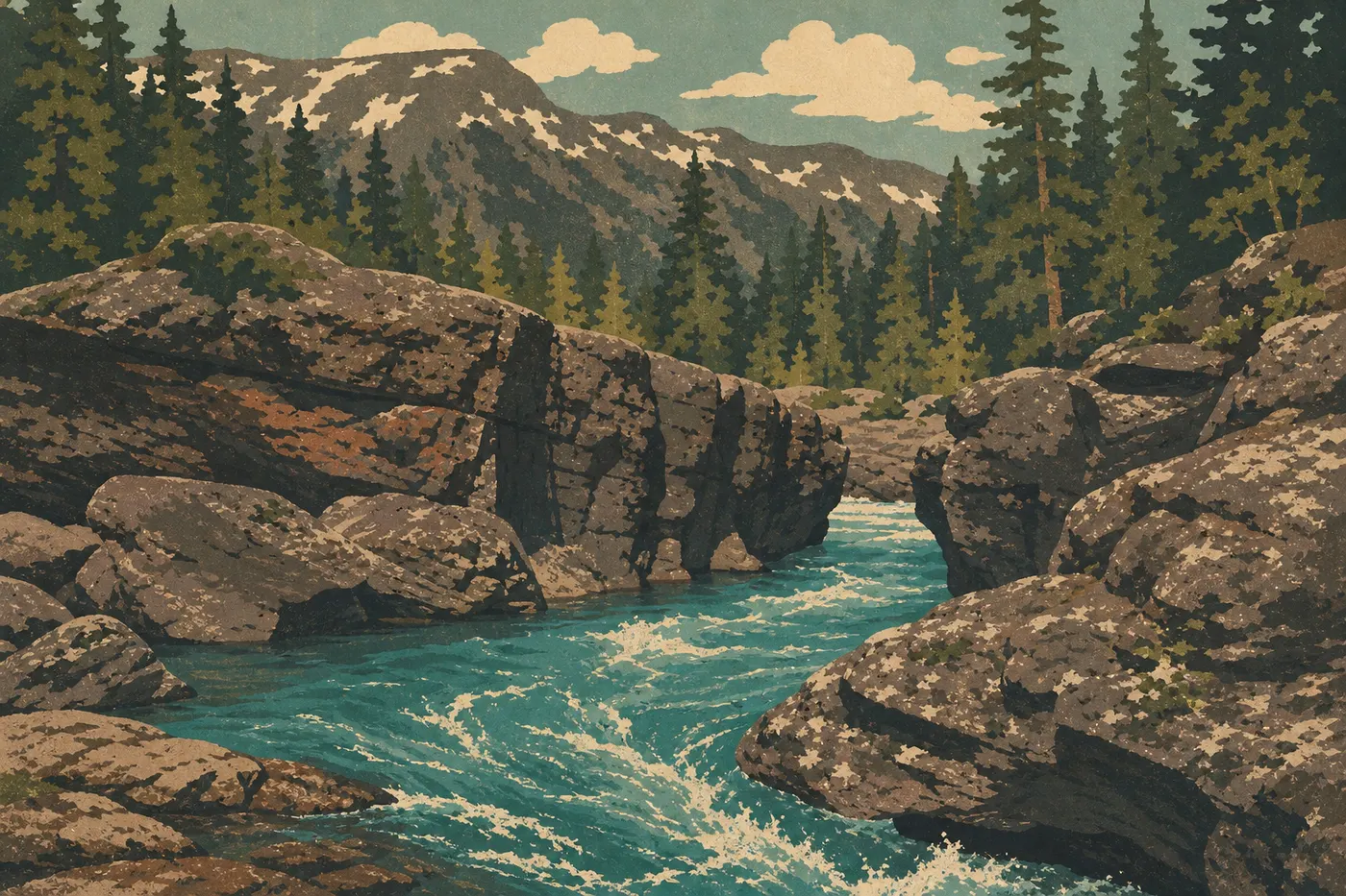 Illustration sérigraphiée : McDonald Creek gonflé par la fonte printanière serpentant entre rochers, conifères et berges encore enneigées.