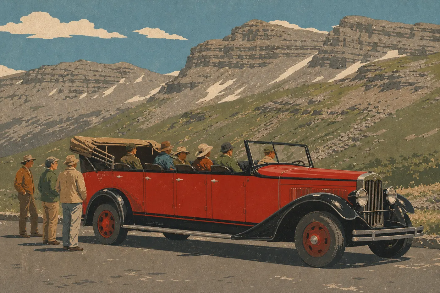 Illustration sérigraphiée : Red Bus décapotable arrêté à Logan Pass avec voyageurs, panneau du col et montagnes en arrière-plan.