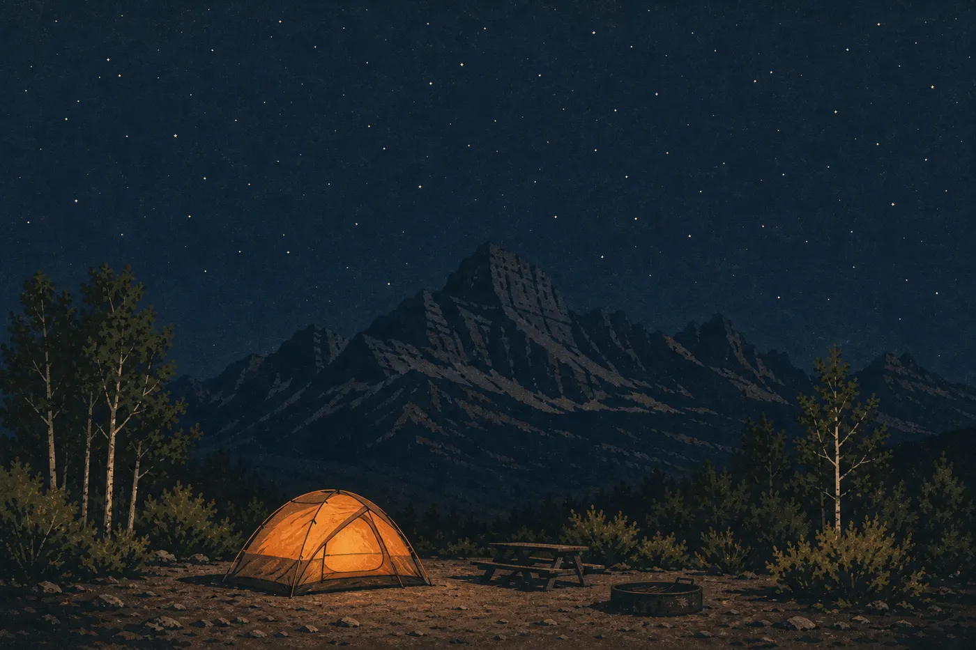 Illustration sérigraphiée : Tente éclairée au St. Mary Campground sous un vaste ciel étoilé et les montagnes orientales.
