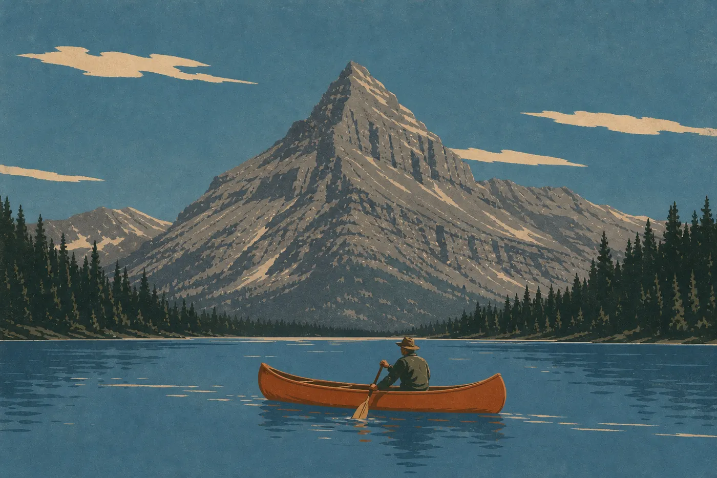 Illustration sérigraphiée : Canot solitaire sur Two Medicine Lake face à la silhouette pyramidale de Sinopah Mountain.