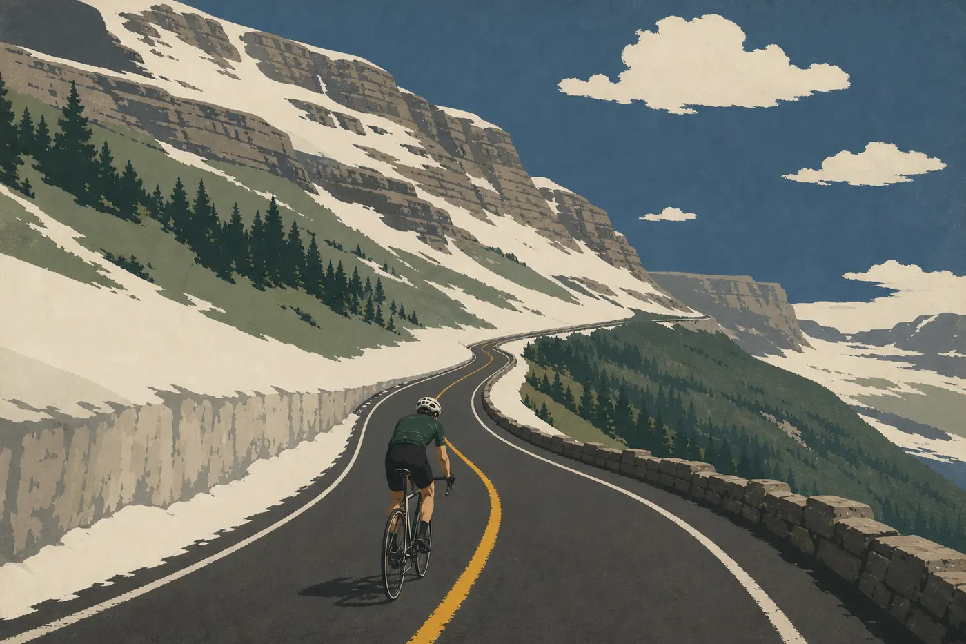 Illustration sérigraphiée : Cycliste gravissant la Going-to-the-Sun Road encore fermée aux automobiles au début du printemps.