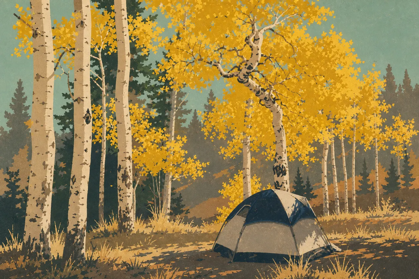 Illustration sérigraphiée : Les trembles dorés illuminent la forêt du North Rim sous le ciel limpide d’automne.