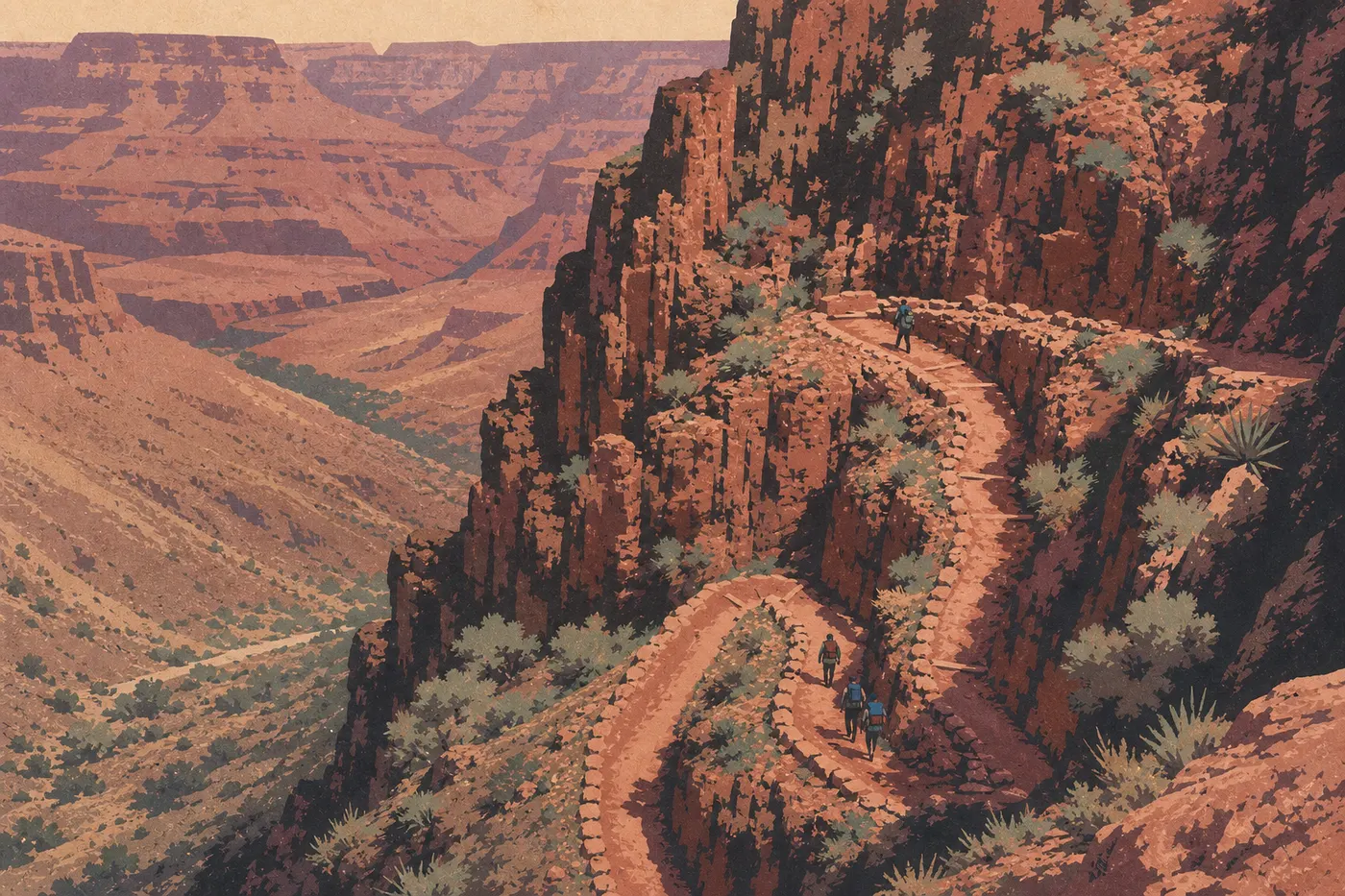 Illustration sérigraphiée : Les lacets du Bright Angel Trail descendent depuis le South Rim vers Havasupai Gardens.