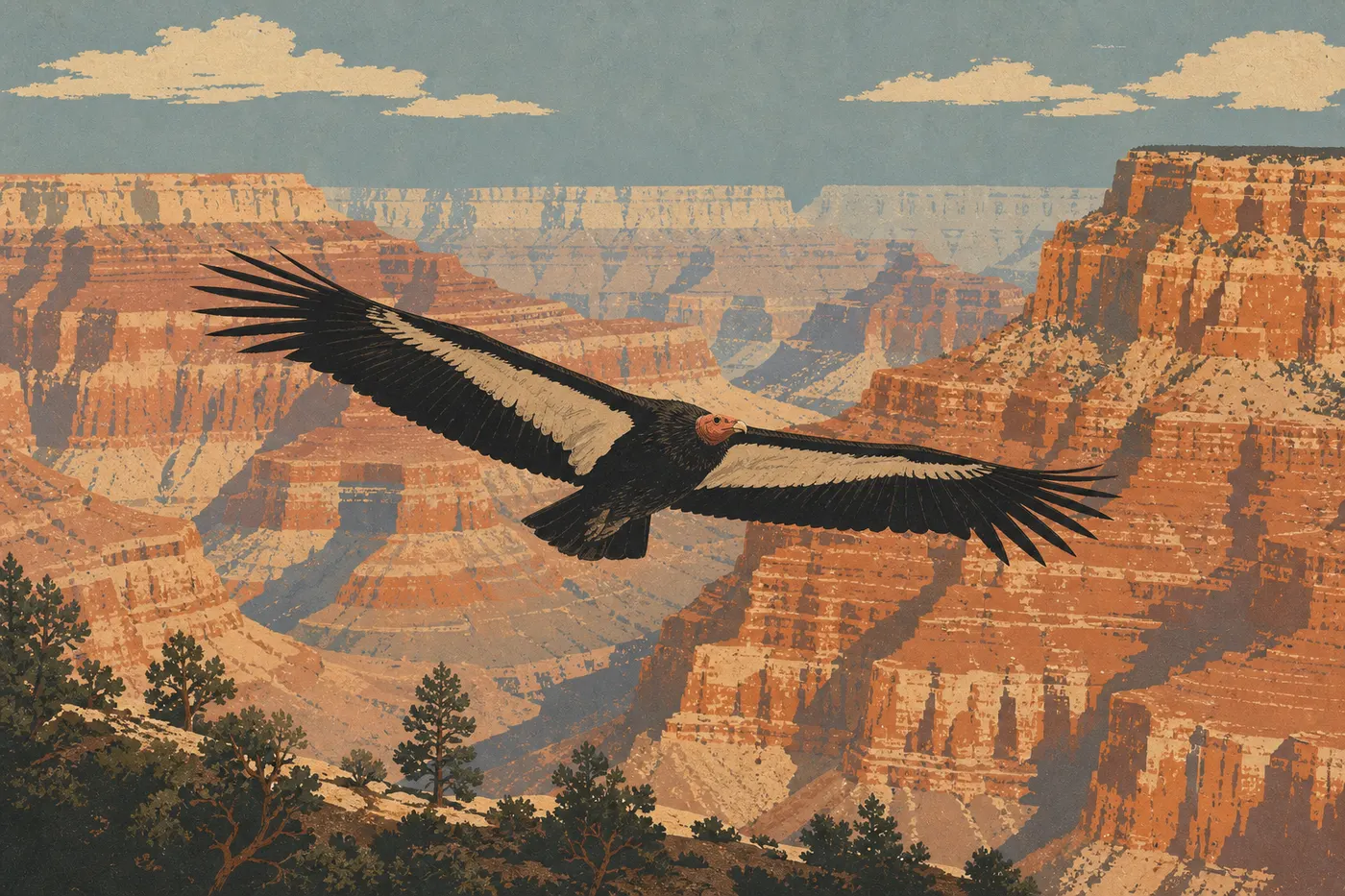 Illustration sérigraphiée : Un condor de Californie plane au-dessus des falaises orangées près du South Rim.