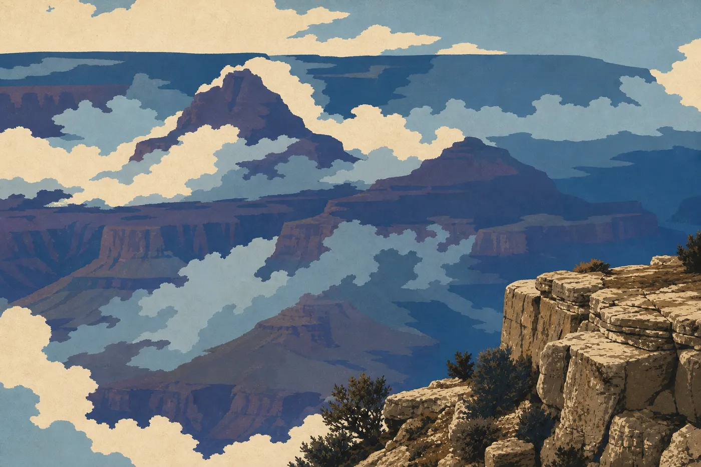 Illustration sérigraphiée : Desert View Drive longe le canyon entre Grand Canyon Village, Lipan Point et l’entrée orientale.