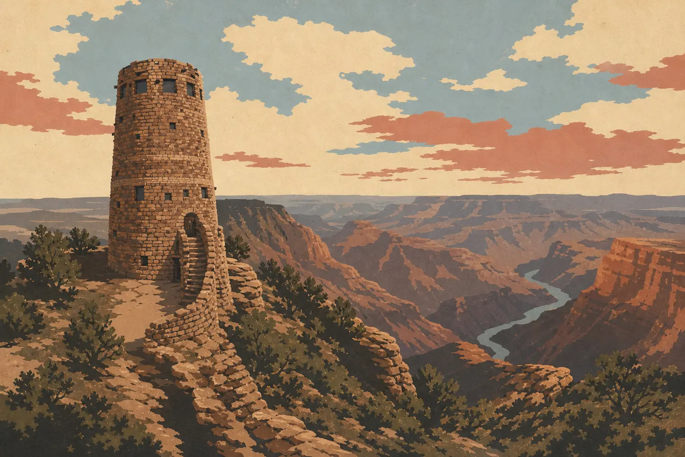 Illustration sérigraphiée : La Desert View Watchtower domine les strates du canyon et le fleuve Colorado au soleil couchant.