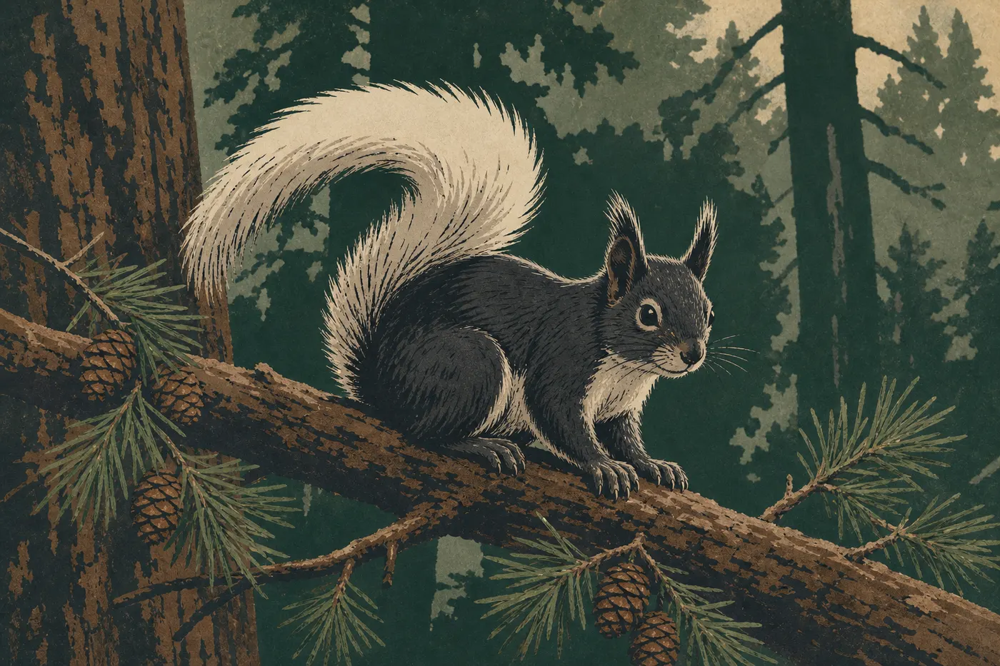 Illustration sérigraphiée : Un écureuil de Kaibab à queue blanche se perche sur une branche de pin du North Rim.