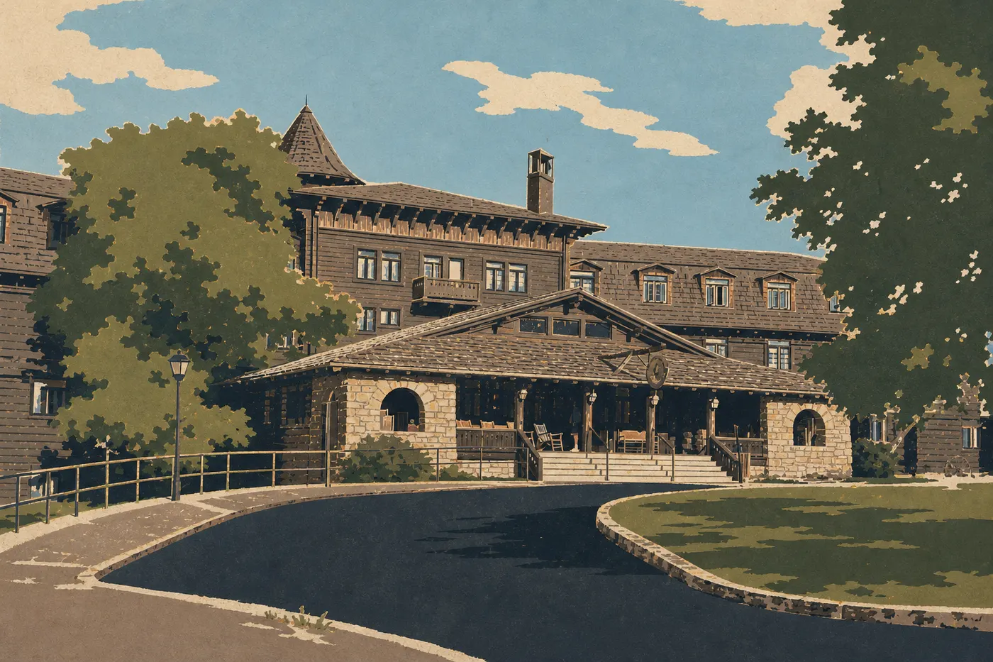 Illustration sérigraphiée : La façade rustique historique de l’El Tovar Hotel se dresse parmi les pins du South Rim.