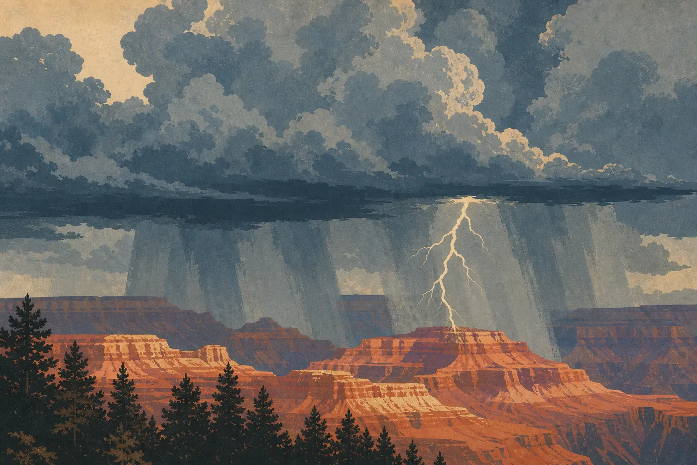 Illustration sérigraphiée : Un orage de mousson projette éclairs et rideaux de pluie au-dessus du South Rim en été.