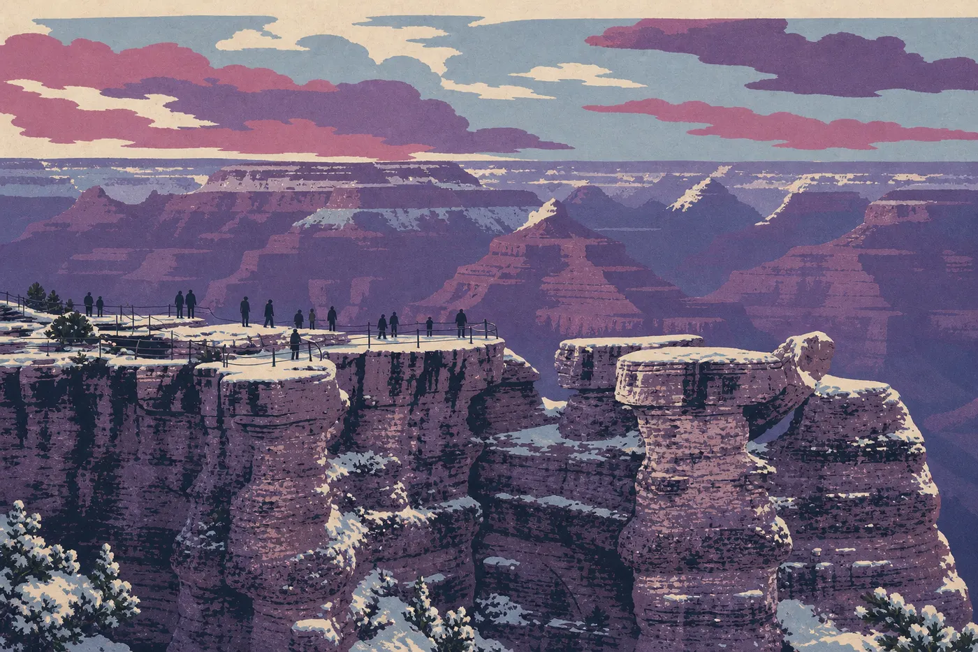 Illustration sérigraphiée : La neige souligne les corniches et les strates rouges du canyon vues depuis Mather Point.