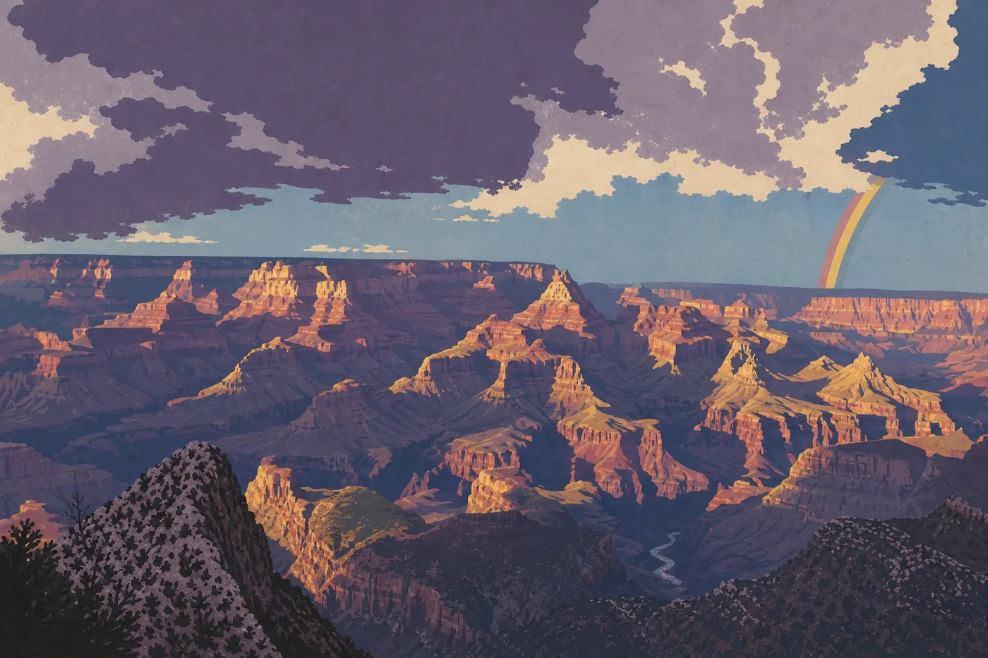 Illustration sérigraphiée : Le soleil couchant embrase les temples rocheux et le fleuve Colorado sous Hopi Point.