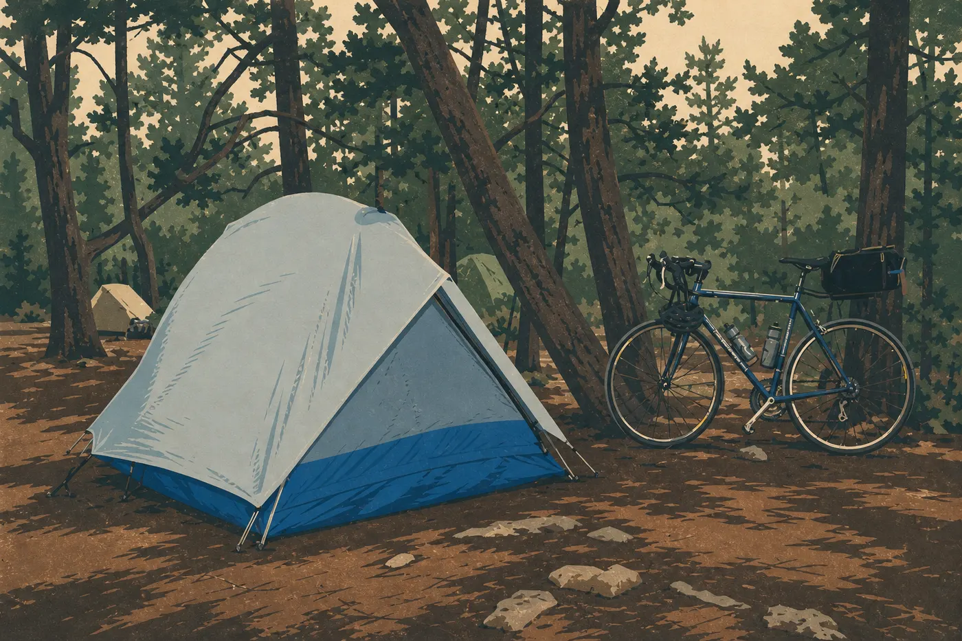 Illustration sérigraphiée : Des tentes occupent un emplacement boisé de Mather Campground sous les grands pins ponderosa.