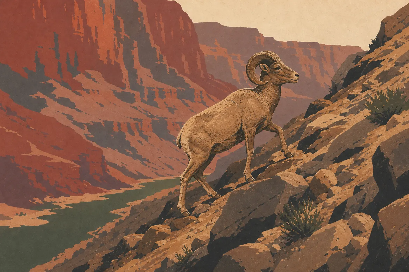 Illustration sérigraphiée : Un mouflon d’Amérique escalade les rochers abrupts du canyon intérieur au-dessus du Colorado.
