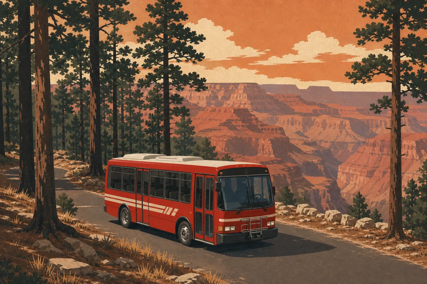 Illustration sérigraphiée : Une navette rouge parcourt Hermit Road entre les pins ponderosa et les belvédères du South Rim.