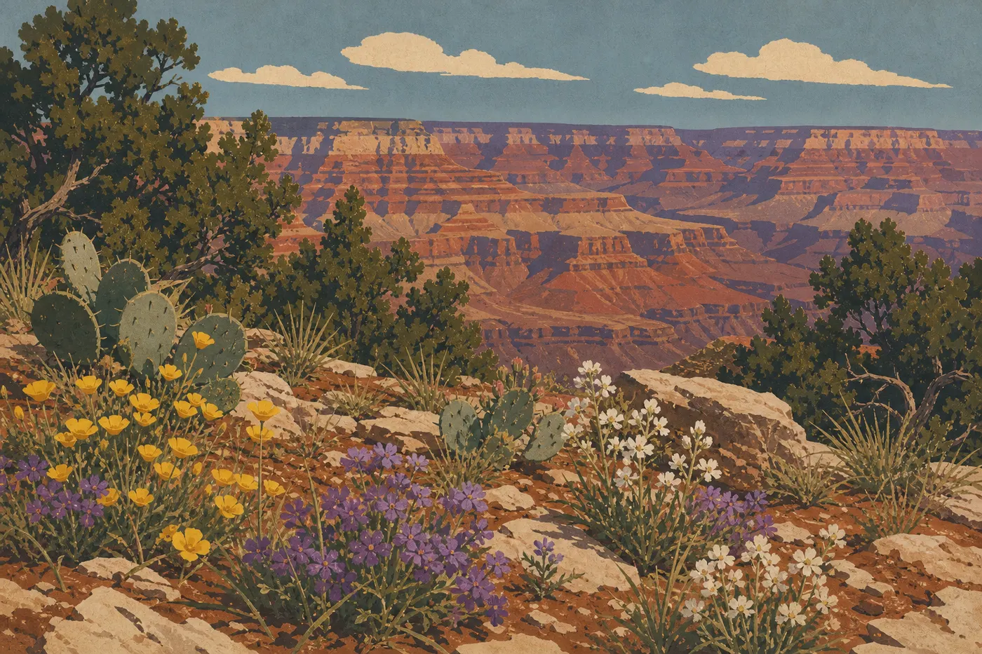 Illustration sérigraphiée : Des fleurs sauvages printanières colorent le bord du canyon parmi les cactus et les genévriers.