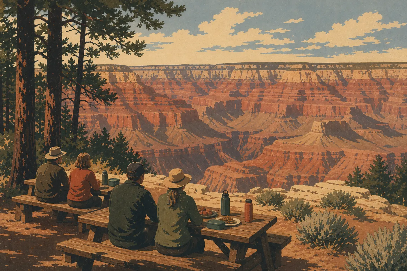 Illustration sérigraphiée : Des visiteurs déjeunent aux tables de Shoshone Point devant un vaste panorama du canyon.