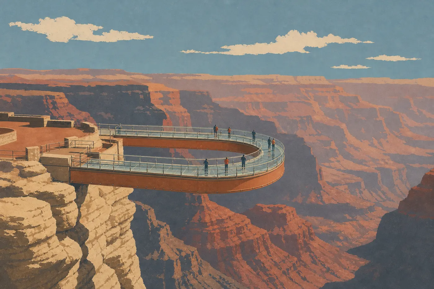 Illustration sérigraphiée : Le Skywalk vitré s’avance au-dessus du canyon à Eagle Point, sur les terres de la tribu Hualapai.