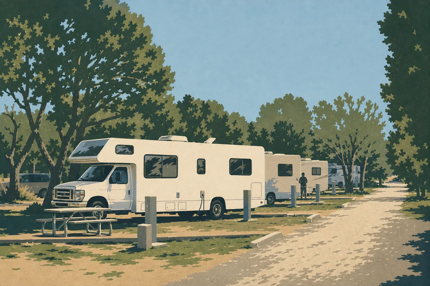Illustration sérigraphiée : Des camping-cars stationnent à Trailer Village, au cœur de la pinède de Grand Canyon Village.