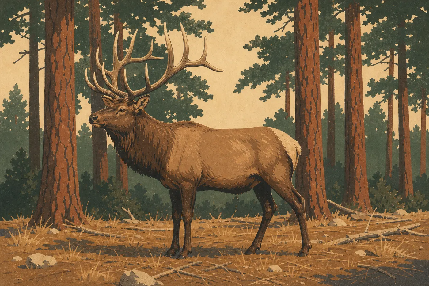Illustration sérigraphiée : Un wapiti mâle se tient dans la forêt de pins ponderosa du South Rim.
