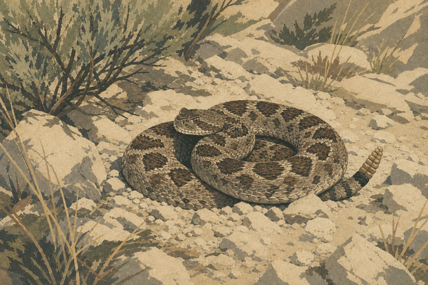 Illustration sérigraphiée : Le crotale du Grand Bassin (Crotalus oreganus lutosus)