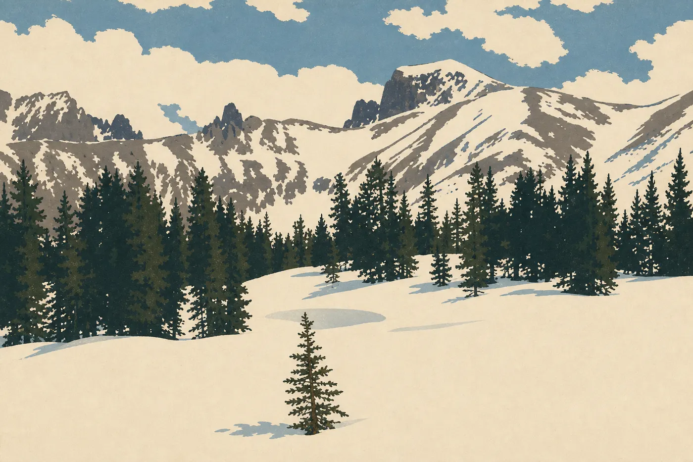 Illustration sérigraphiée : Hiver (novembre-mars) : solitude et étoiles