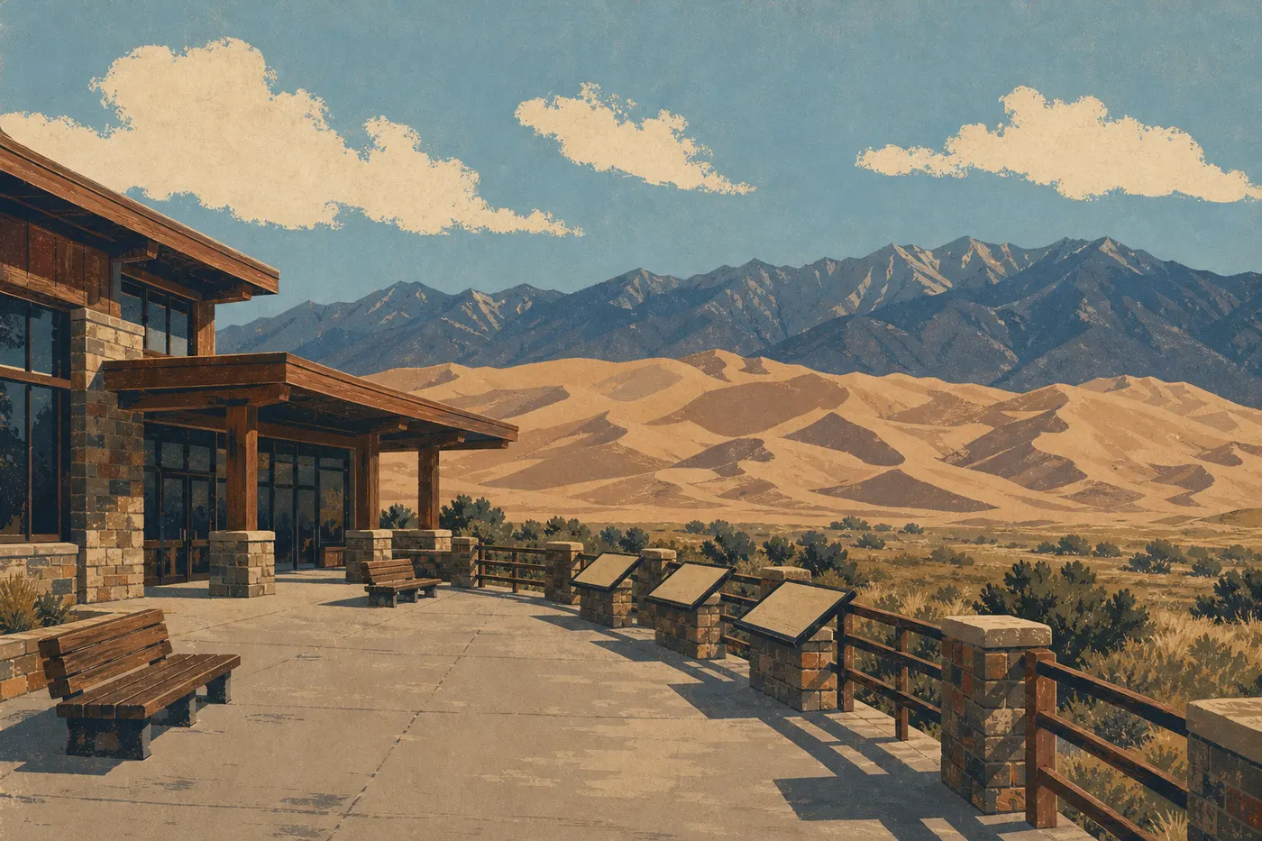 Illustration sérigraphiée : Le Visitor Center et le piémont