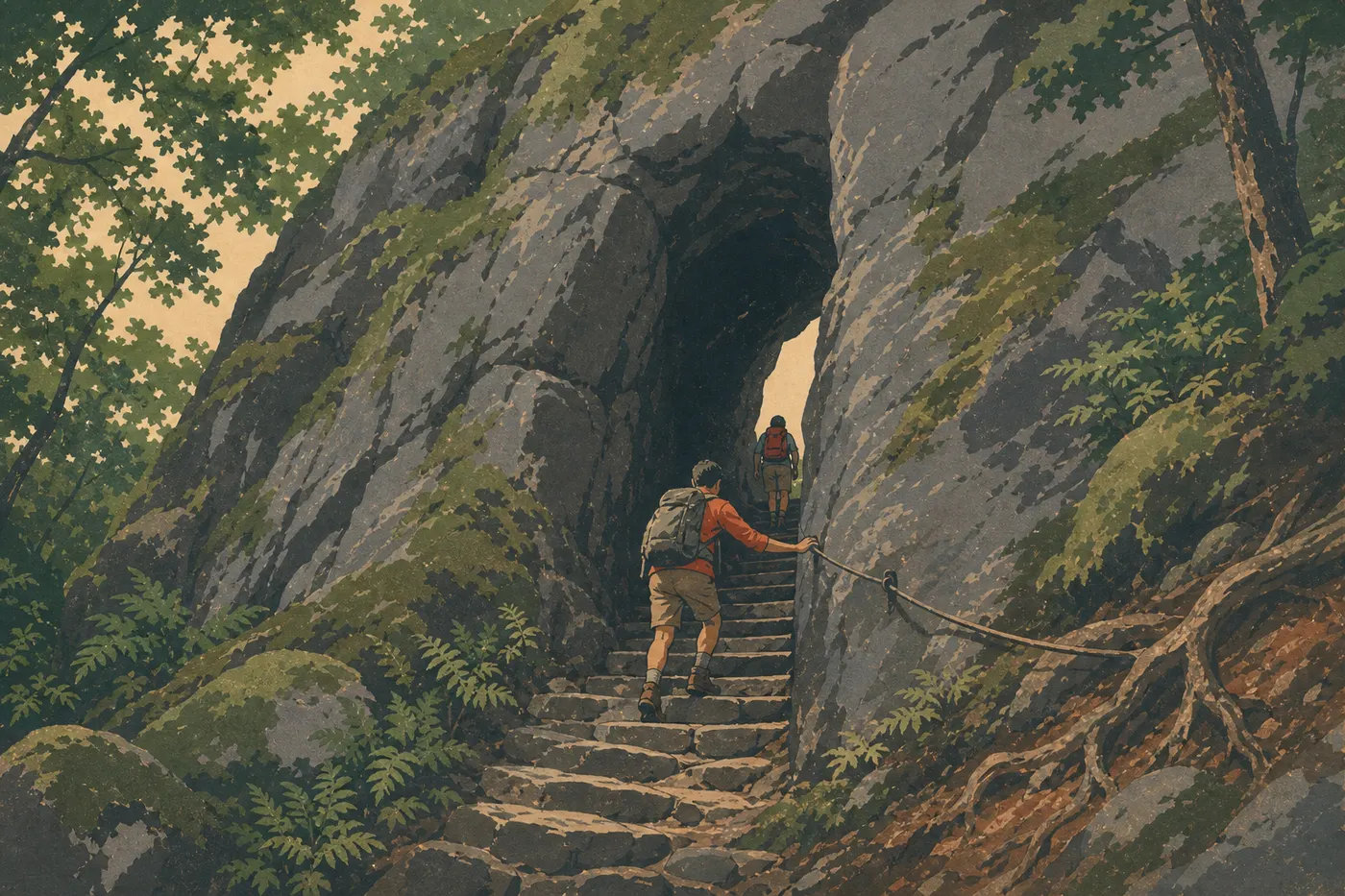 Illustration sérigraphiée : Des randonneurs gravissent les marches traversant Arch Rock sur l'emblématique Alum Cave Trail.