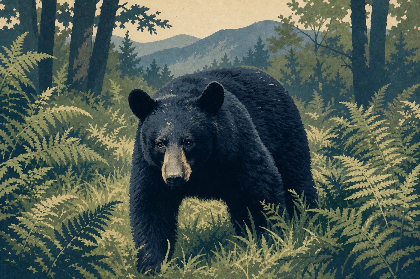Illustration sérigraphiée : Un ours noir adulte marche dans une clairière forestière des Smokies, encadré de fougères luxuriantes.