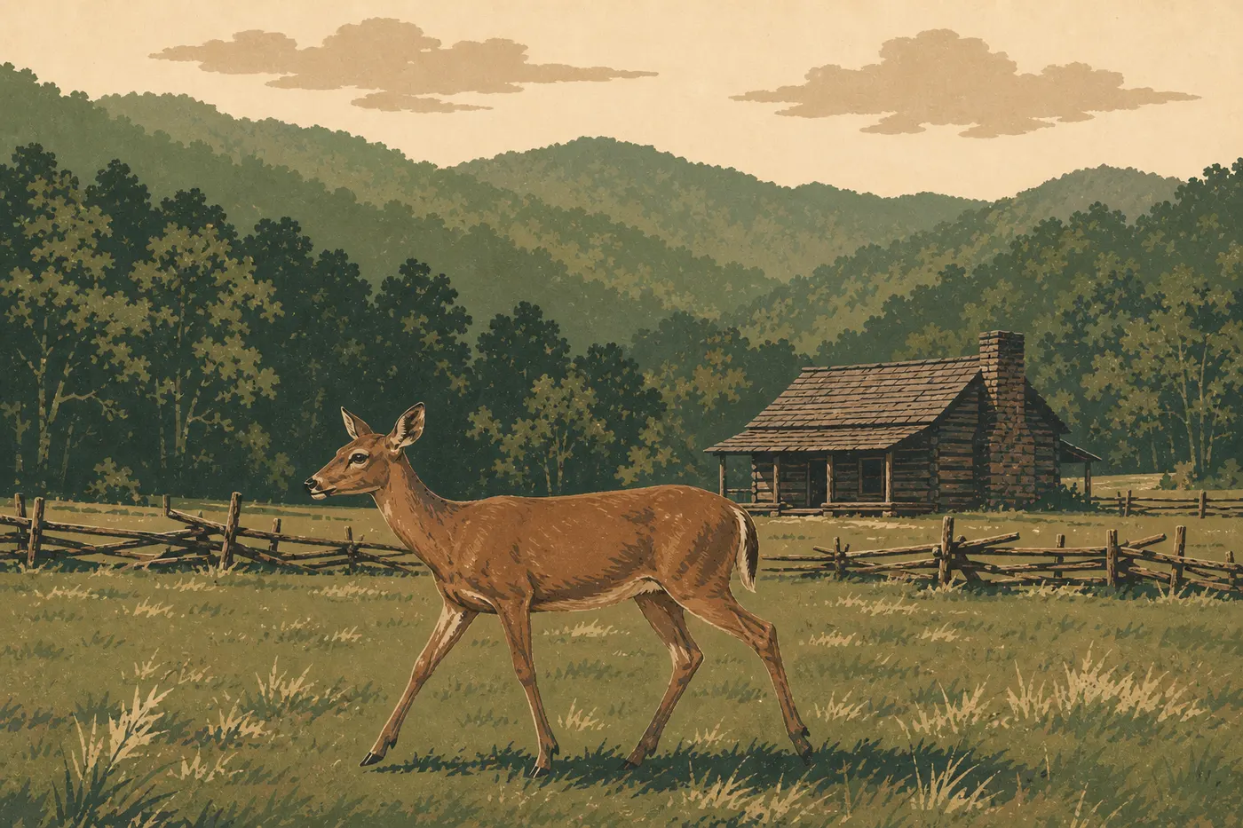 Illustration sérigraphiée : Un cerf de Virginie traverse les prairies de Cades Cove devant une cabane pionnière en bois.
