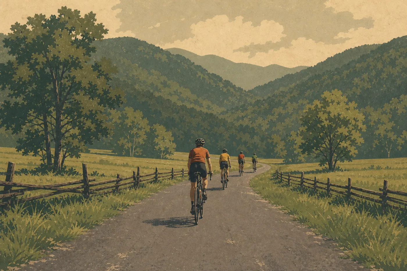 Illustration sérigraphiée : Des cyclistes parcourent la Cades Cove Loop Road sans voitures parmi les prairies et montagnes boisées.