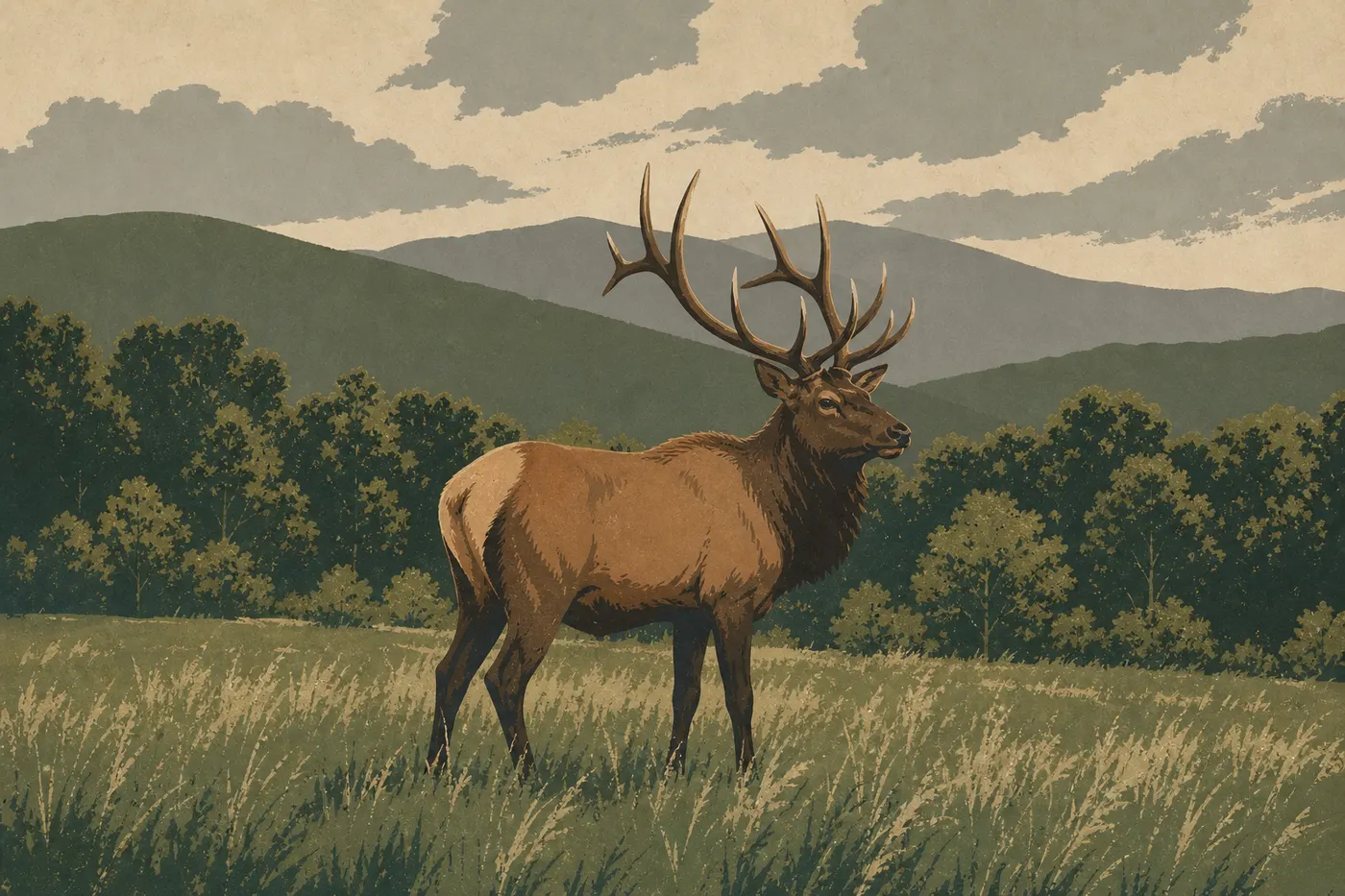 Illustration sérigraphiée : Un wapiti mâle se tient dans la prairie matinale de Cataloochee devant les Appalaches brumeuses.
