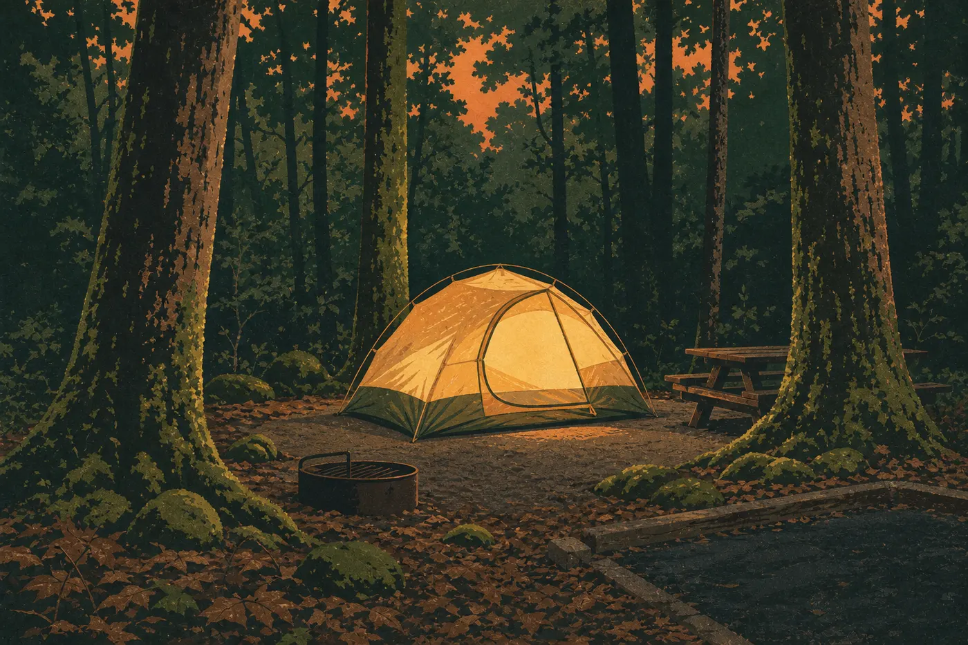 Illustration sérigraphiée : Une tente éclairée occupe un emplacement boisé d'Elkmont Campground près de troncs couverts de mousse.