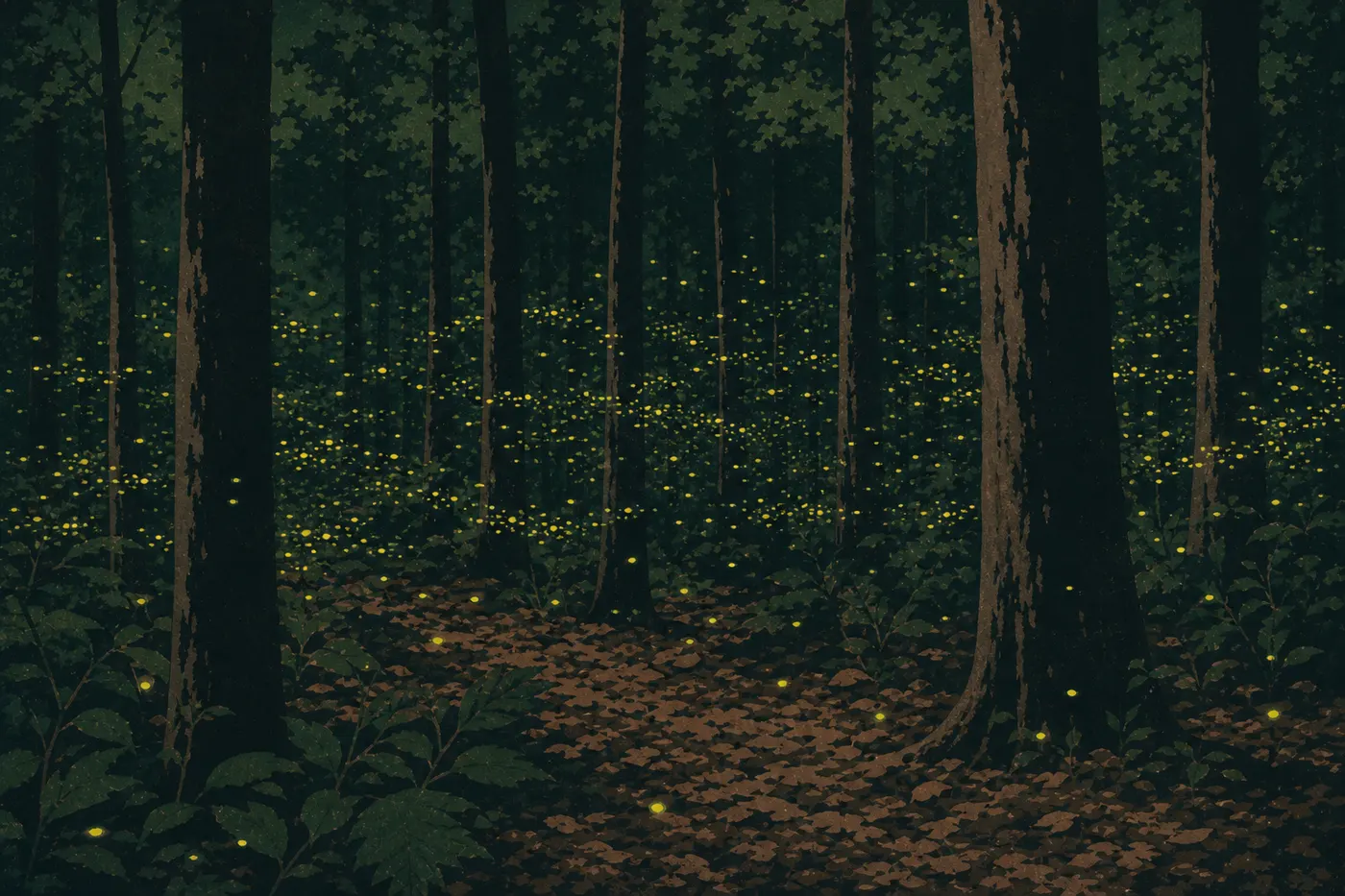 Illustration sérigraphiée : Des lucioles synchrones illuminent par vagues la forêt sombre d'Elkmont au début de l'été.