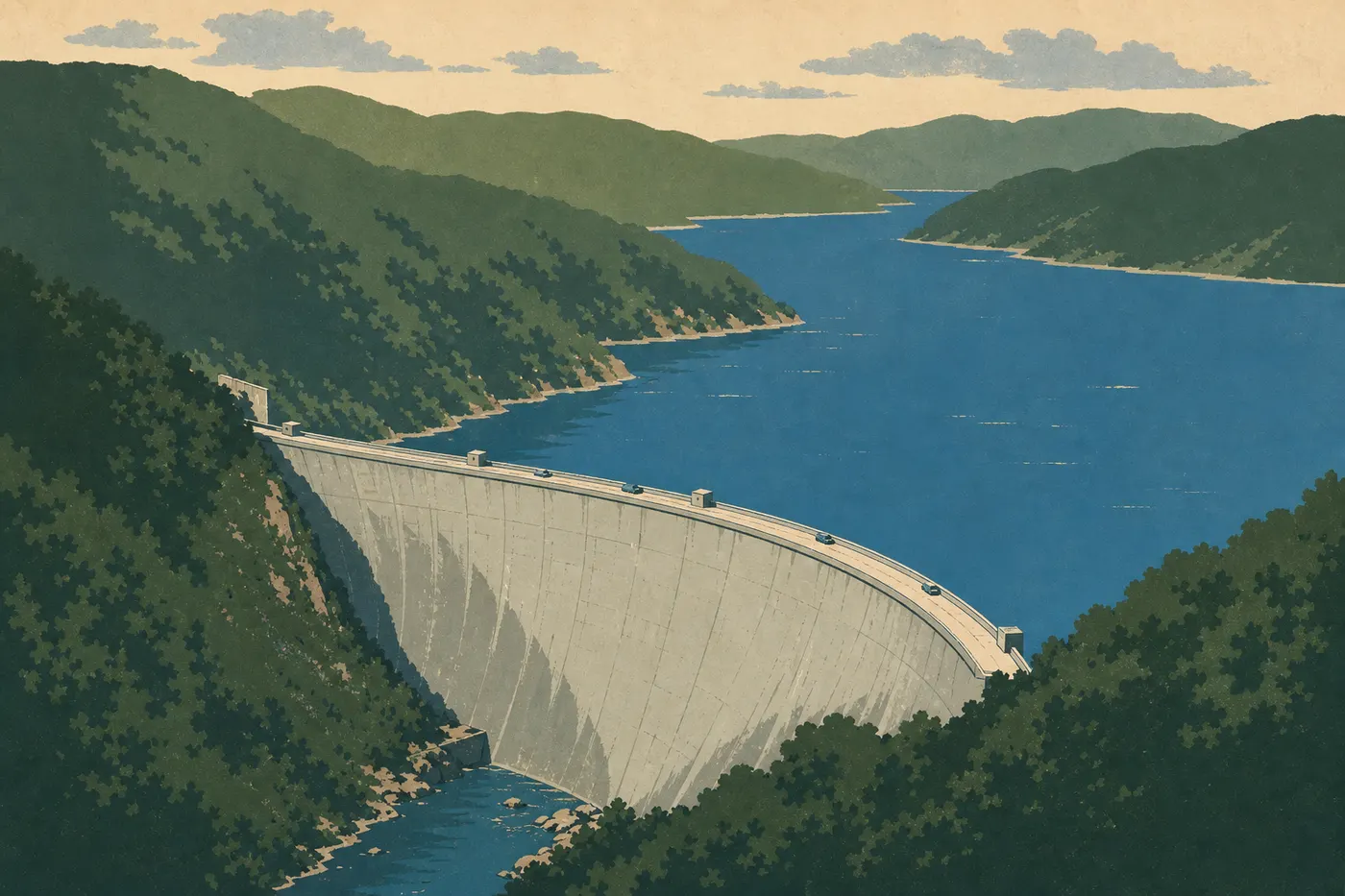 Illustration sérigraphiée : Fontana Dam domine son lac bleu et les versants forestiers du sud des Great Smoky Mountains.
