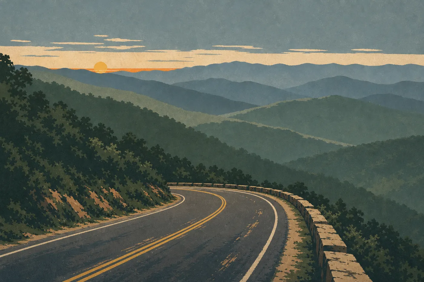 Illustration sérigraphiée : La Foothills Parkway suit une crête ouverte sur plusieurs plans de montagnes bleutées au coucher du soleil.