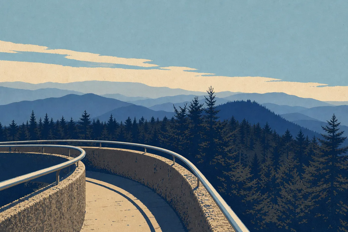 Illustration sérigraphiée : La tour d'observation de Kuwohi domine un vaste empilement de crêtes appalachiennes couvertes de forêt.