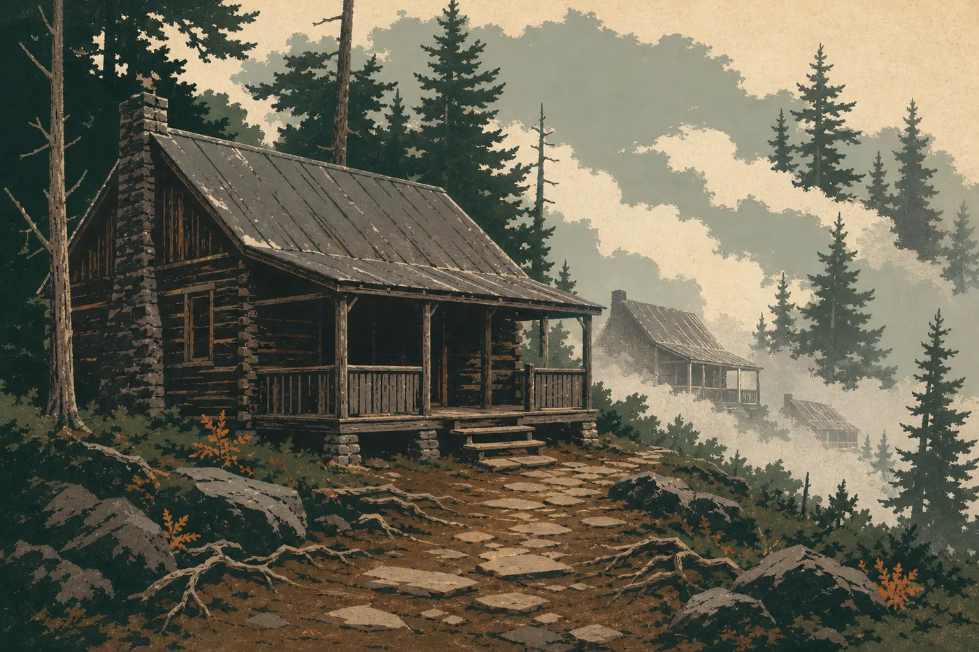 Illustration sérigraphiée : Les cabanes rustiques de LeConte Lodge émergent dans la brume au sommet boisé du mont Le Conte.