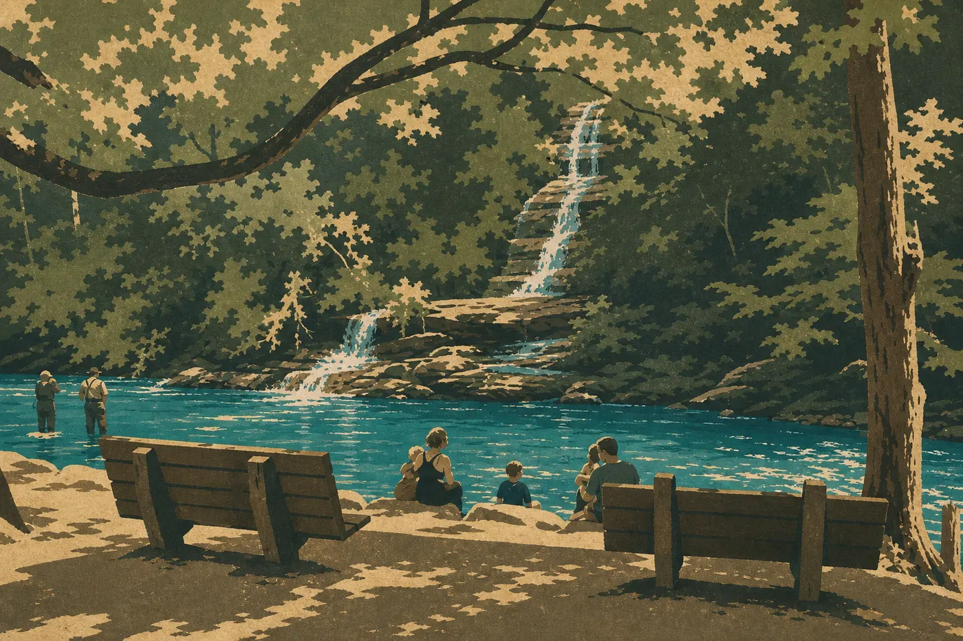 Illustration sérigraphiée : Des baigneurs rejoignent l'eau turquoise de Midnight Hole sous la petite cascade de Big Creek.