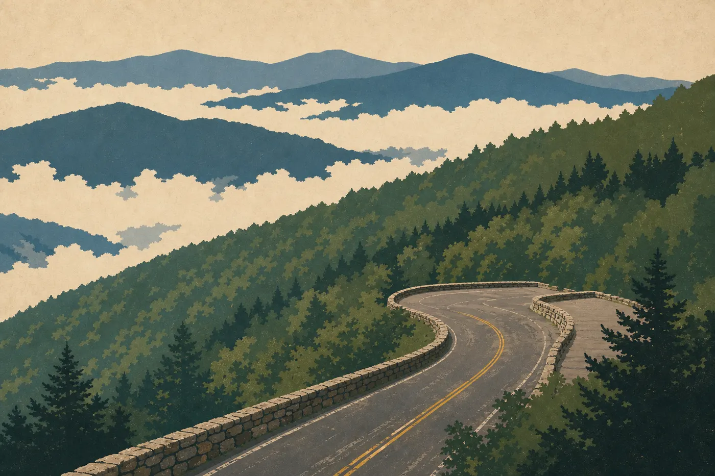 Illustration sérigraphiée : Newfound Gap Road serpente entre les crêtes boisées et débouche sur un belvédère noyé de brume.
