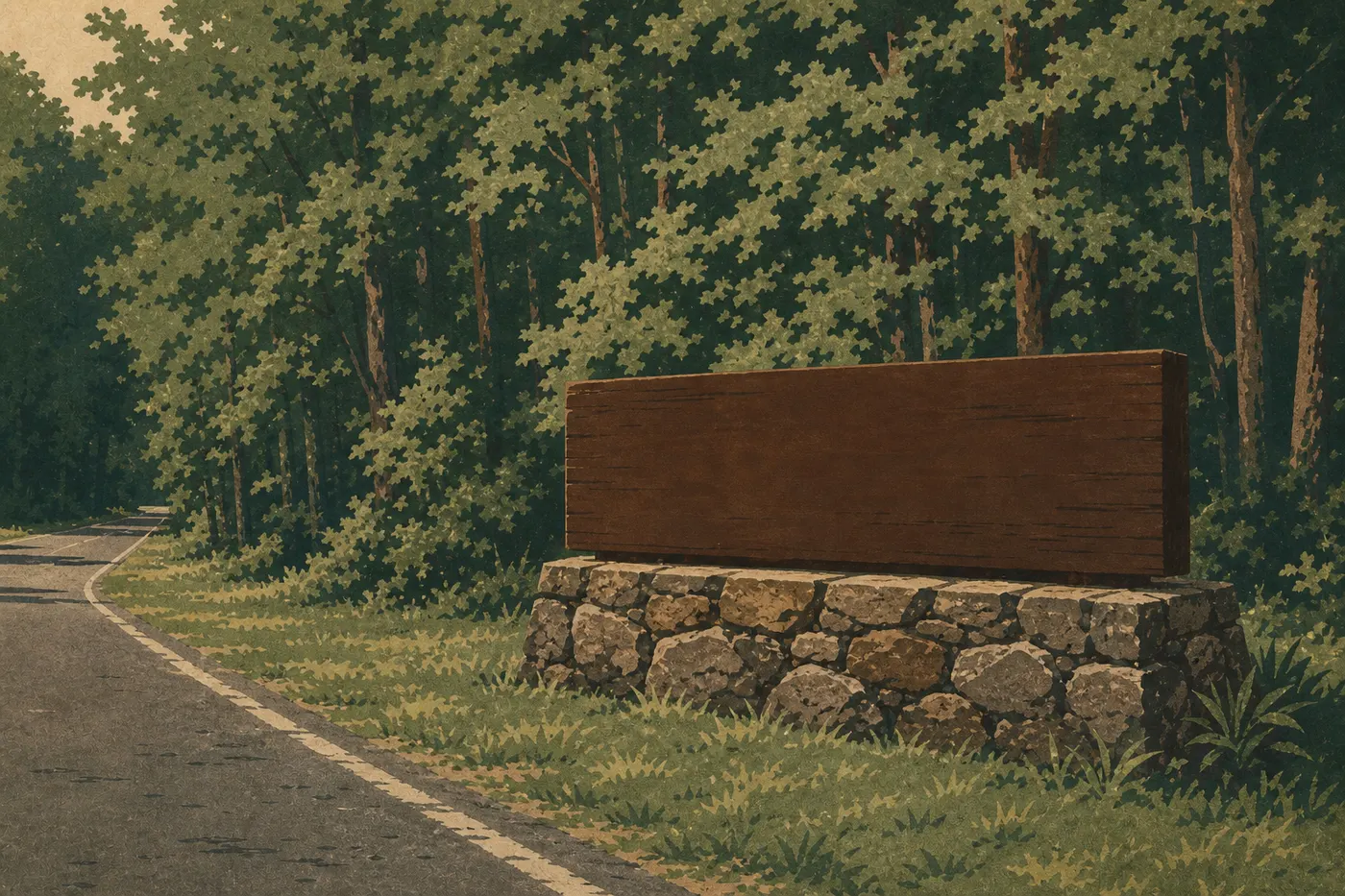 Illustration sérigraphiée : Le panneau d'entrée d'Oconaluftee accueille les automobilistes devant une lisière dense des Great Smoky Mountains.