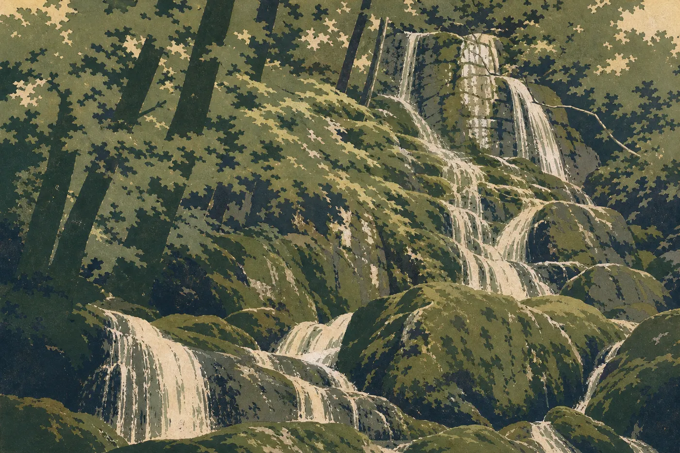 Illustration sérigraphiée : La cascade Place of a Thousand Drips ruisselle parmi les rochers moussus de Roaring Fork.