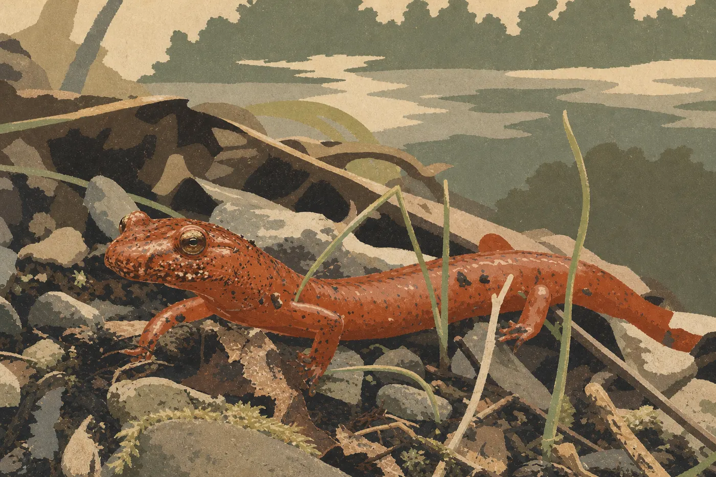 Illustration sérigraphiée : Une salamandre à joues rouges repose sur une feuille humide au-dessus de la mousse forestière.