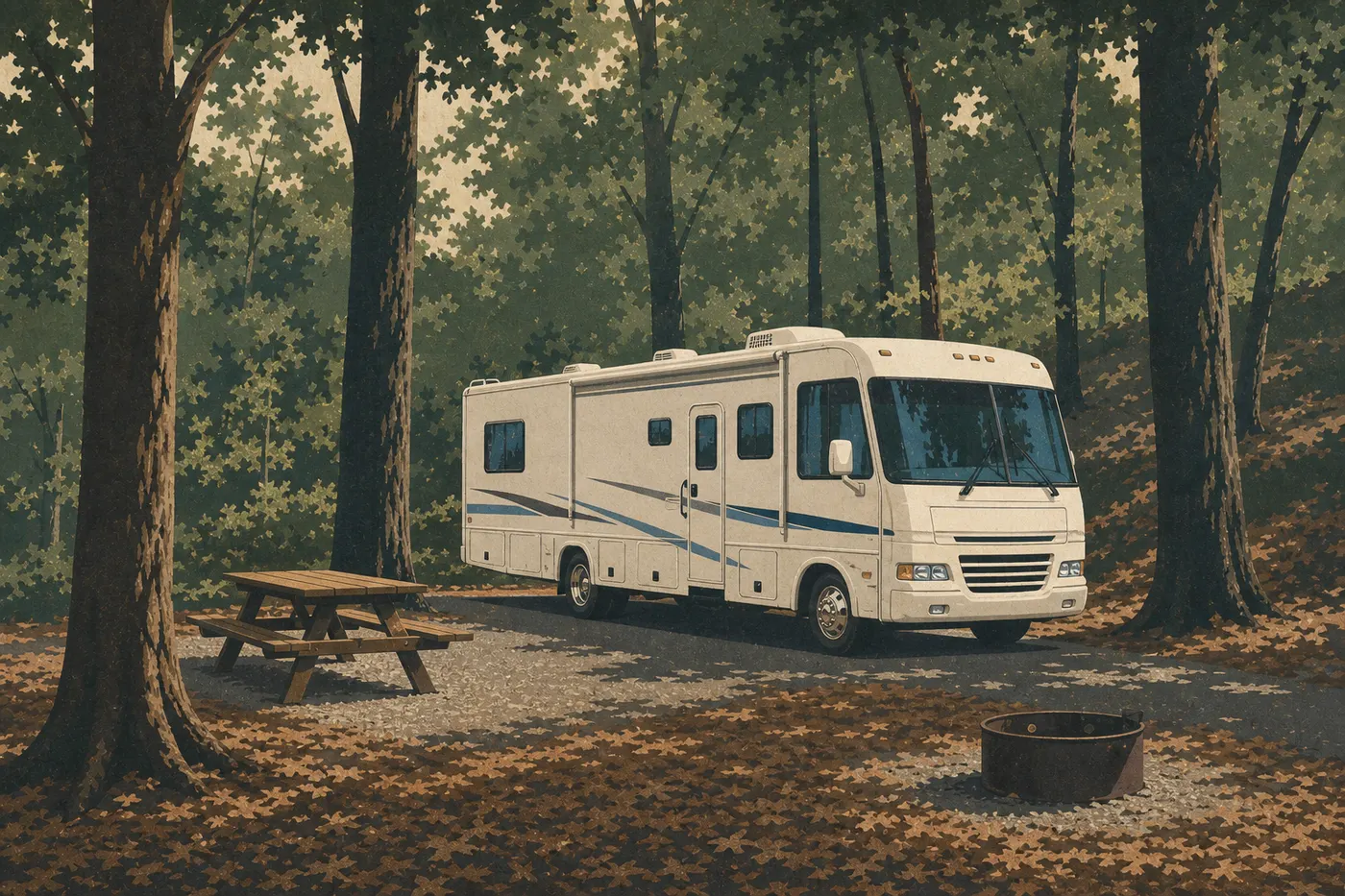 Illustration sérigraphiée : Un camping-car stationne sous les feuillus de Smokemont Campground près de sa table de pique-nique.