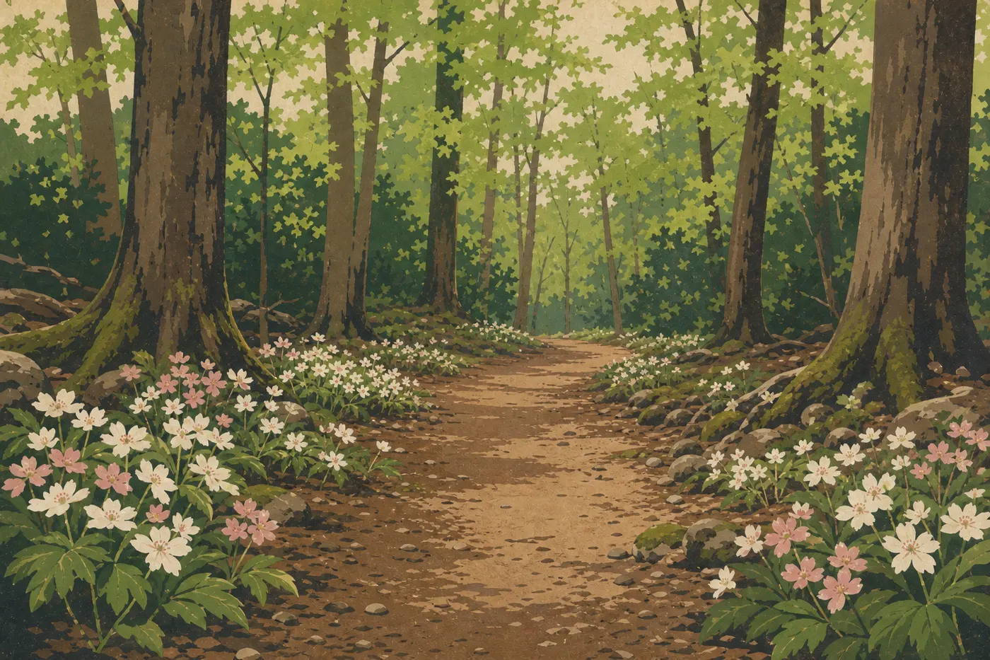 Illustration sérigraphiée : Des fleurs sauvages printanières bordent Porters Creek Trail sous une jeune canopée vert tendre.
