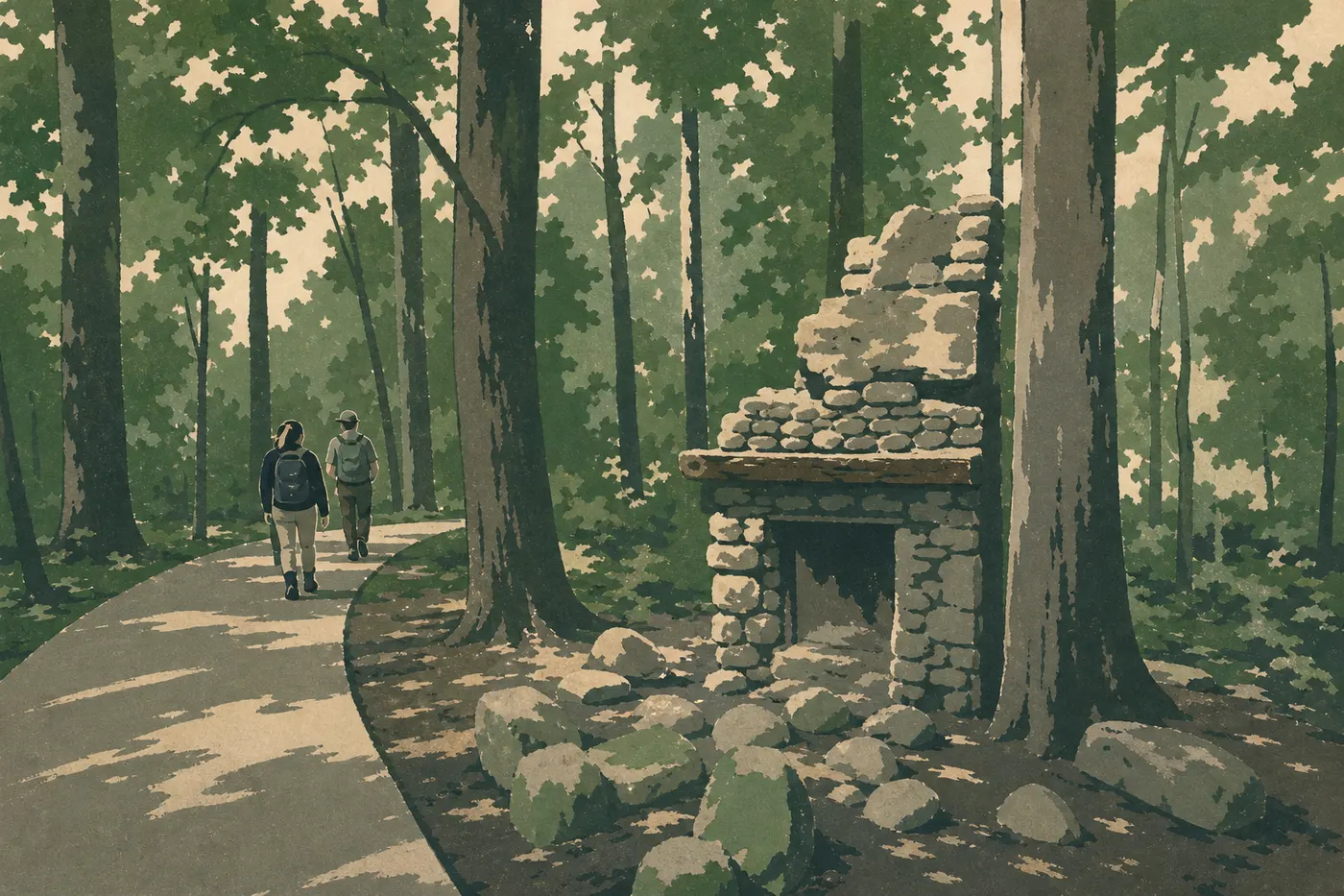 Illustration sérigraphiée : Une famille chemine sur la passerelle accessible du Sugarlands Valley Nature Trail parmi les grands arbres.