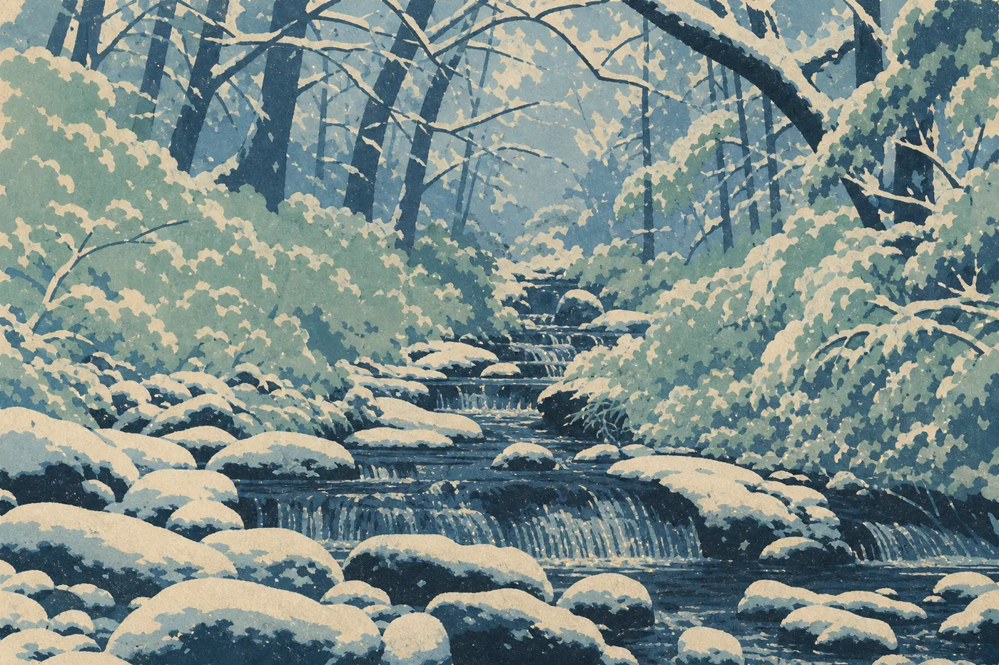 Illustration sérigraphiée : La neige couvre Newfound Gap et souligne les branches sombres sous un ciel froid des Appalaches.