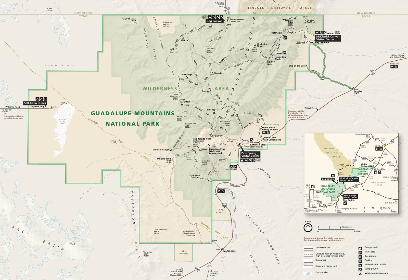 Offizielle NPS-Karte des Nationalparks Guadalupe Mountains (Unigrid)