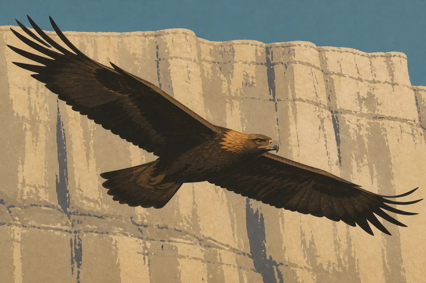 Illustration sérigraphiée : Un aigle royal plane devant les parois abruptes et les corniches calcaires de l'escarpement des Guadalupe.