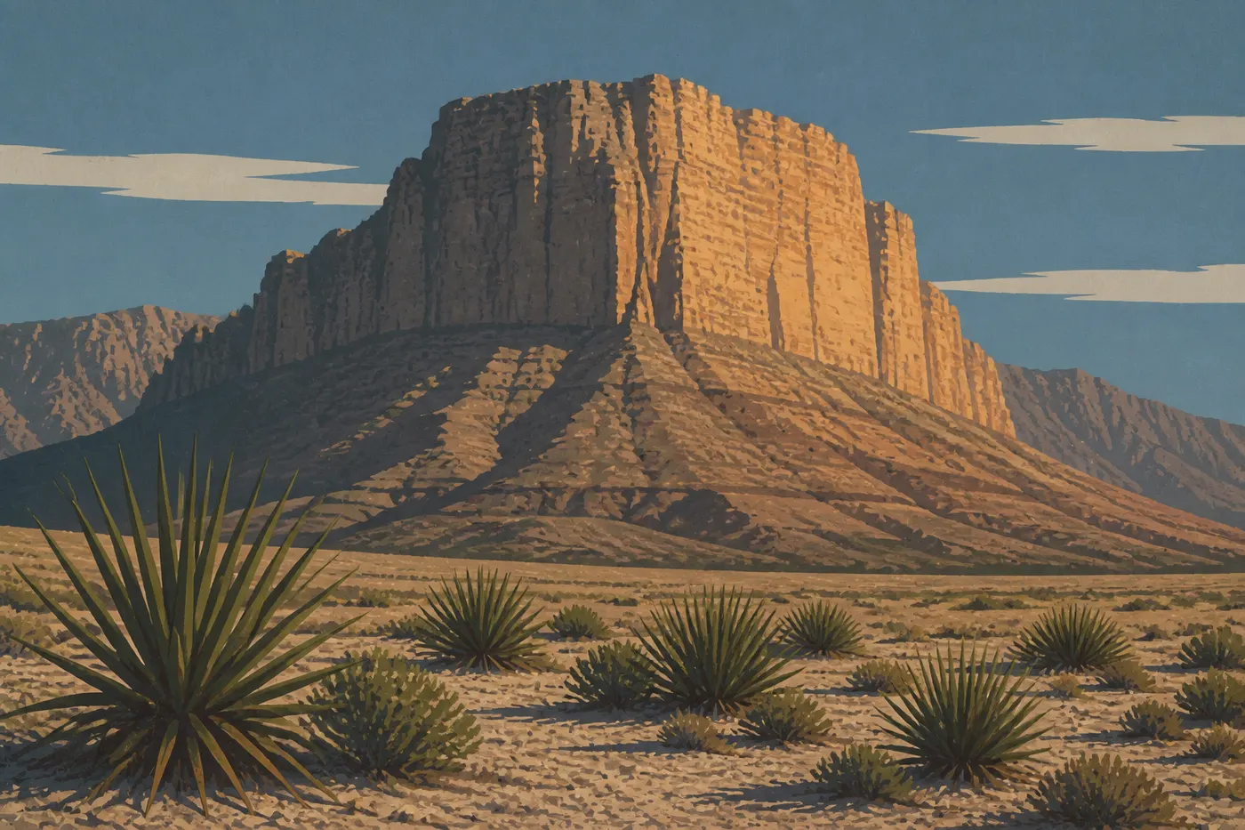 Illustration sérigraphiée : El Capitan surgit du désert de Chihuahua, éclairé latéralement au-dessus des yuccas et des plaines pierreuses.